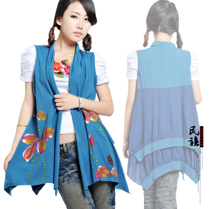 personality clothing women's national trend knitted hand painting cape vest flower