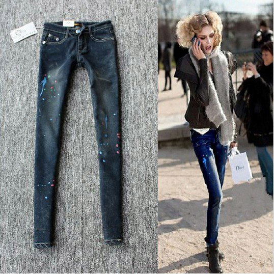 Personality Fashion Color painting Denim Jeans Lace Crimping Slim Big Size Women Jean