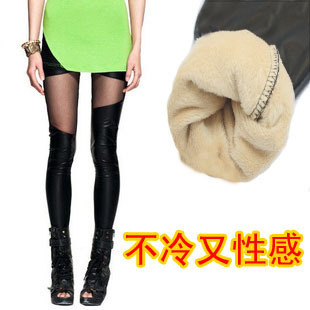 Personality winter thickening irregular gauze patchwork faux leather personalized sexy tights ankle length trousers