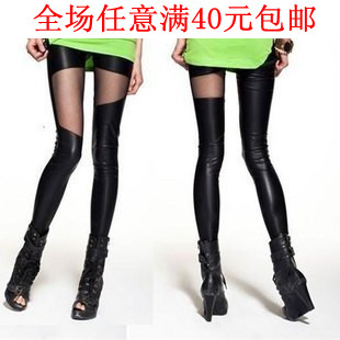 Personalized faux leather irregular patchwork PU gauze legging female sexy slim ankle length trousers