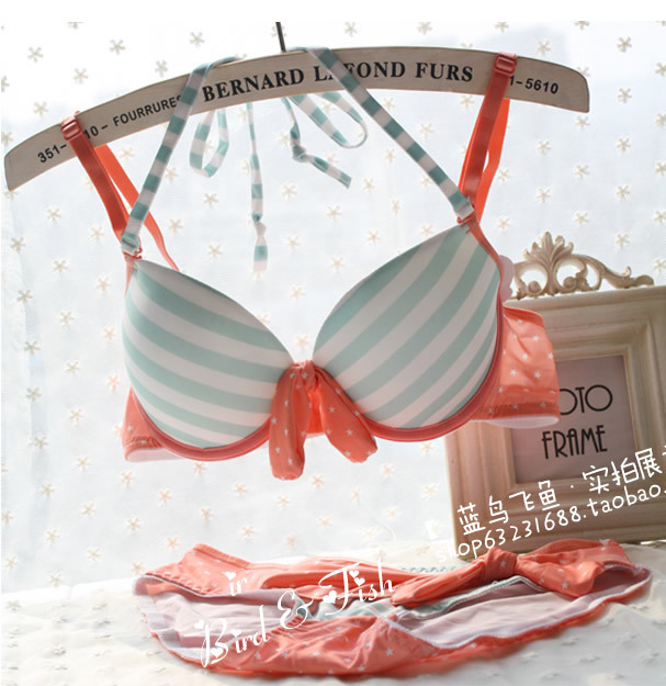 Personalized navy stripe sexy bow navy style light green stripe underwear orange bra set powder