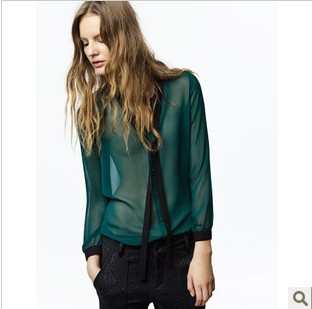 Perspectivity chiffon shirt turn-down collar transparent sense long-sleeve basic chiffon shirt top