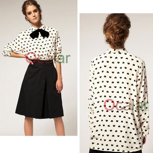 Pete Pan Collar Stylish Peach Heart Chiffon Lady Tops Shirt Blouse Career E0352