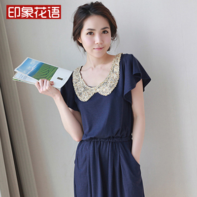 Peter pan collar female one-piece dress short-sleeve paillette collar slim summer 9008