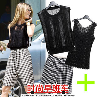 Piece set sleeveless lace shirt lace vest loose plaid capris bl630