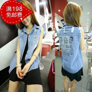 Pig 2012 women's cool skull denim distrressed heads print vest