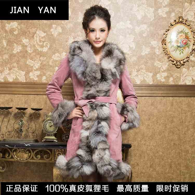 Pig Suede Leather Garment with fox fur collar Long Style Coat/winter women's clothing/Hot Sale/WholeSale / Retail