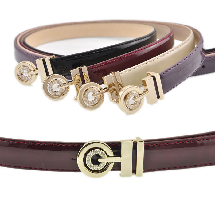 Pigskin japanned leather exquisite unique elegant rhinestone buckle thin belt women's strap