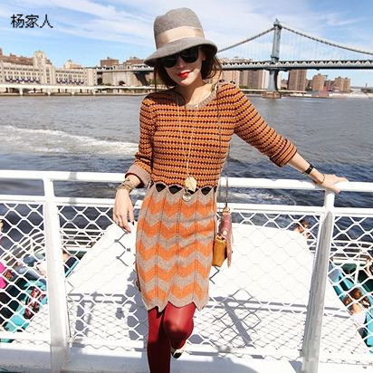 Pineapple cutout stripe patchwork slim hip sweater dress one-piece dress orange basic skirt