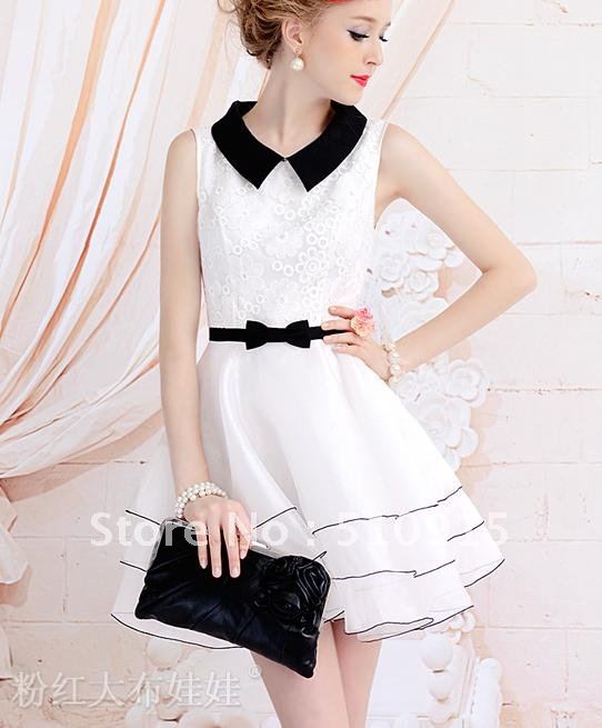 Pink big doll white embroidery waist a great black lapel accept sleeveless dress