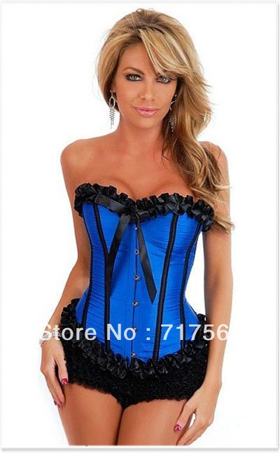 Pink blue green red white Cheaper price Sexy corset with black trim G-sting Sexy satin shaper bustier strapless