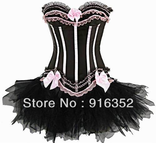 Pink Burlesque Lace Up Corset Bustier TUTU Skirt Moulin Rouge Lolita FANCY DRESS