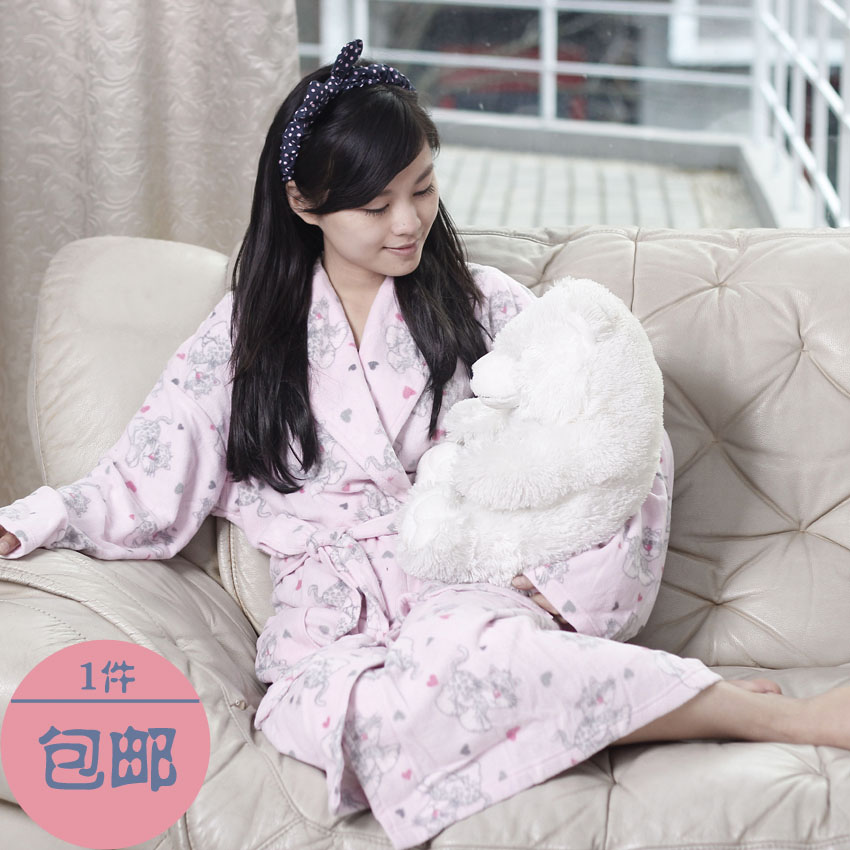 Pink cat polar fleece fabric plush lacing long design female lounge robe sleepwear