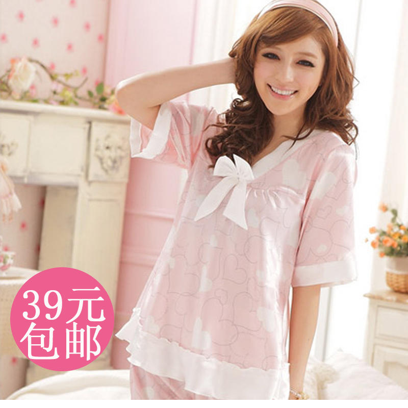 Pink color of love summer women's temptation sexy sleepwear lounge faux silk nightgown