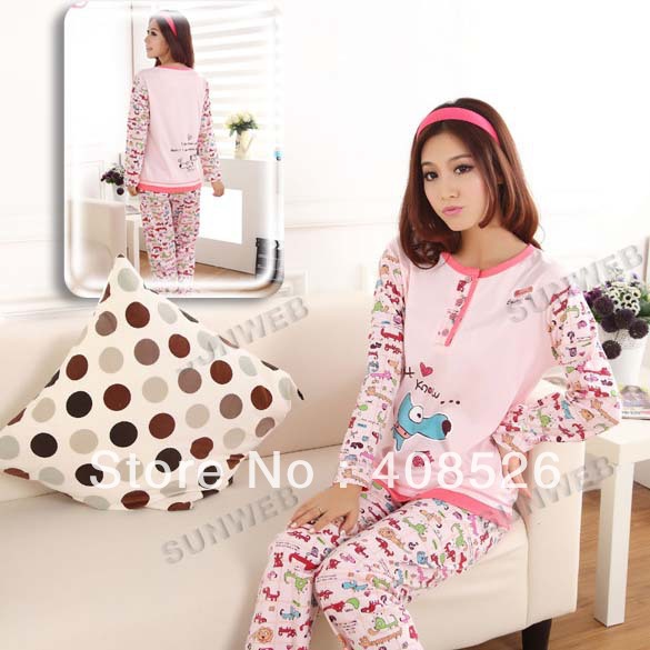 Pink Free Shiping Spring Long Sleeve Cotton Women Cartoon Sleepwear Pajama Homewear Sets Female Lady Pink O-Neck Pajamas 11176