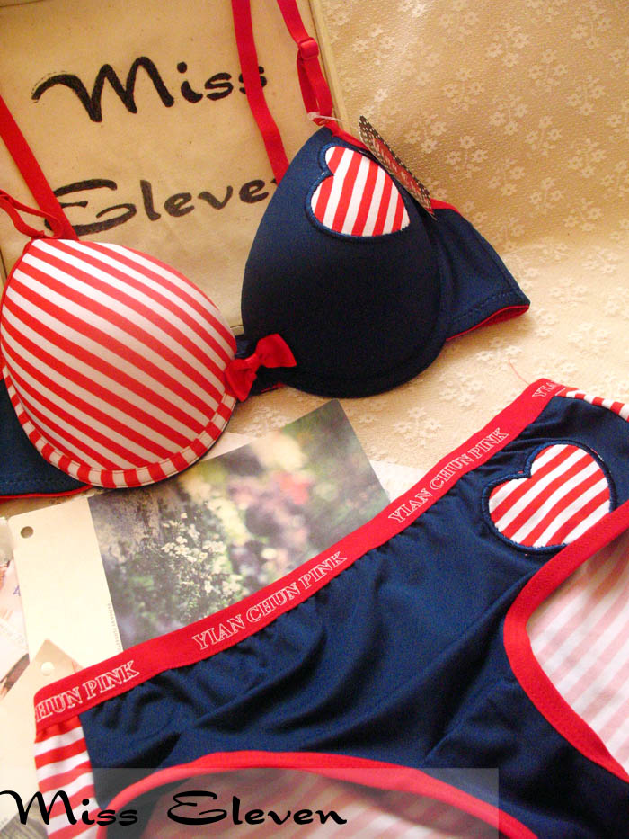 Pink heart stripe insert navy underwear bra set