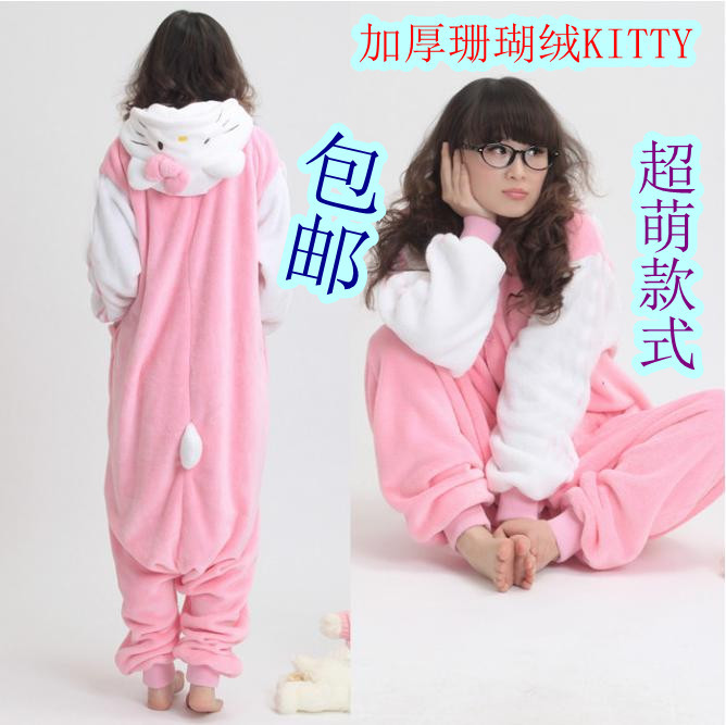 Pink hello kitty cartoon kt cat coral fleece female one piece sleepwear thickening