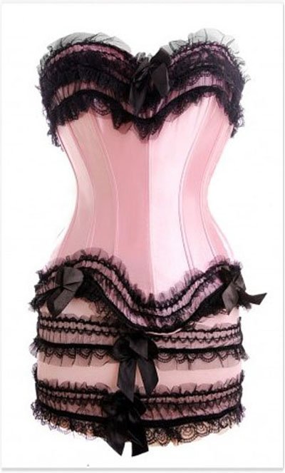 Pink overbust corset with black lace skirt suits Free shipping - qm8811pink