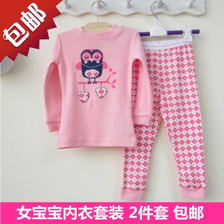 Pink owl child 100% cotton clothing clothes autumn and winter 100% cotton underwear set female child long johns long johns