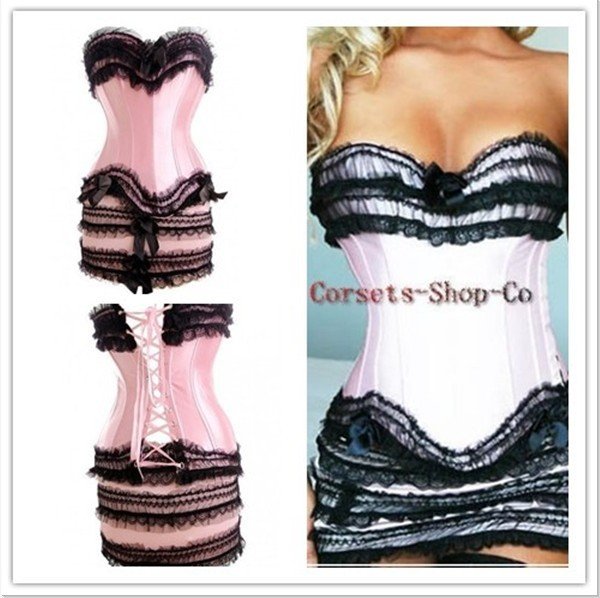 Pink Sexy Plastic Boned Lace up Lingerie Gothic Corset Bustier&Mini Skirt S-2XL