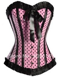 Pink Sexy Women Lace Up Boned Bustiers Polka Dot Corset Waist Cincher Overbust Party Costumes Clothing Set