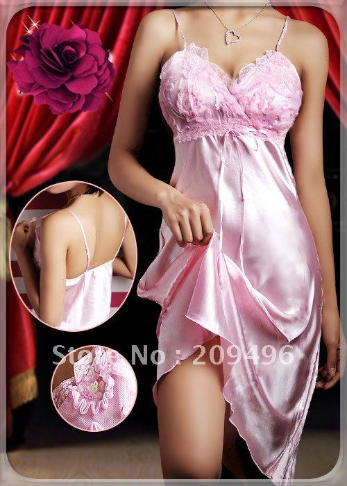 Pink silk chemise lingerie lace cover cups nightgowns ladies bathgrown  women undewear sleepwear long nightdress free shipping