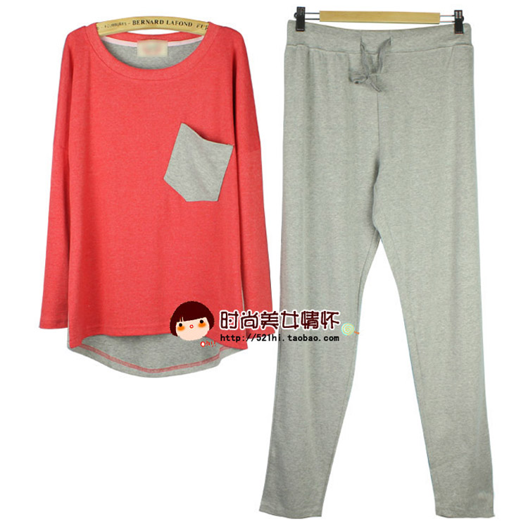 Pink sleepwear women's 100% cotton patchwork wool goatswool 2012 autumn long sleeve length pants o-neck twinset lounge