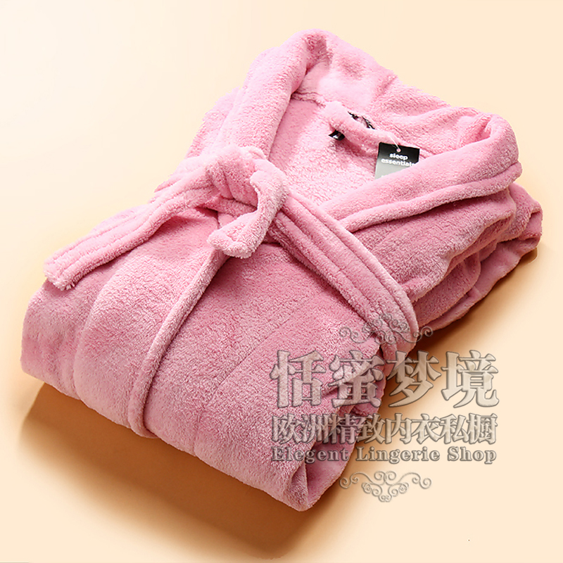 Pink thickening lengthen coral fleece bathrobe robe women's sleepwear