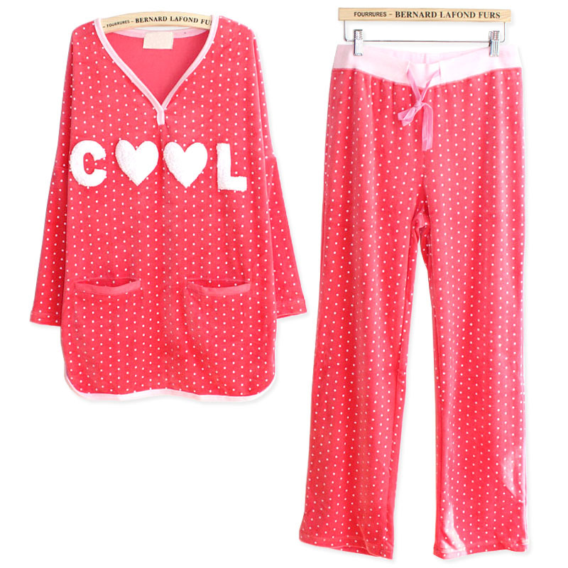 Pink velvet thickening sleepwear autumn female long-sleeve polka dot V-neck print pink winter lounge set