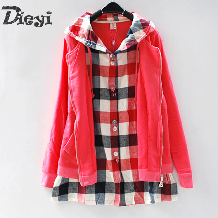 Plaid bordered faux two piece casual cardigan maternity clothing sweatshirt 651499 autumn and winter