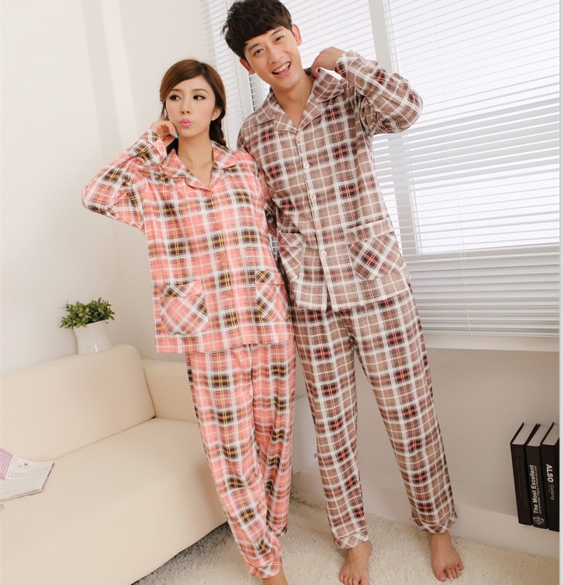 Plaid shirt lovers sleepwear female male long-sleeve cotton thickening plus size set lounge