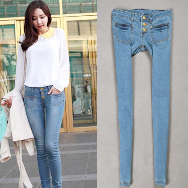 Platoon Buckle Opening Women's Pencil Pants Light Blue Elastic Show Thin Feet Jeans Size 25 to 31 WF13010804