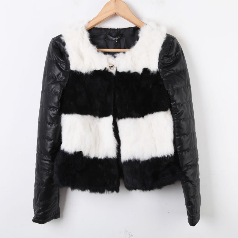 Plus cotton PU patchwork stripe rabbit fur coat female wadded jacket cotton-padded jacket women's slim