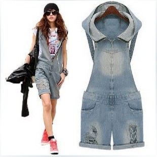 Plus size 2012 summer new arrival hole denim bib pants reminisced shorts jumpsuit