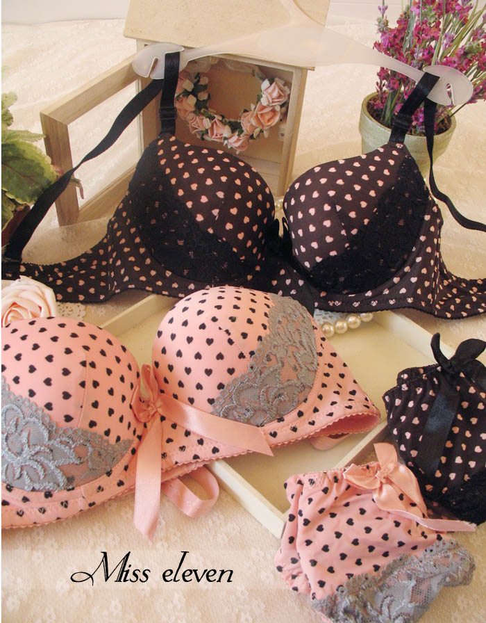 Plus size ab cup heart lace push up side gathering women's underwear bra set