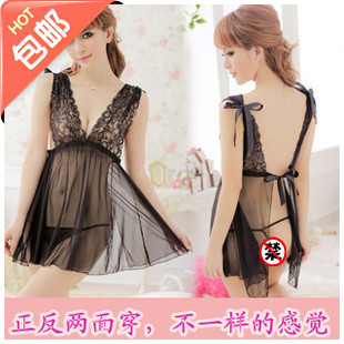 Plus size black lace transparent bra temptation female sexy sleepwear dress set