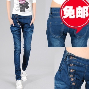 Plus size buttons skinny pants elastic pencil female denim long trousers