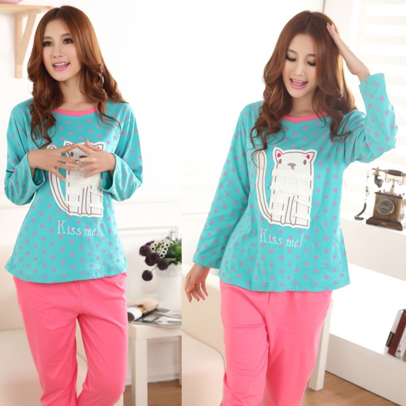 Plus size cartoon cat female sleepwear thickening thermal set long-sleeve cotton lounge