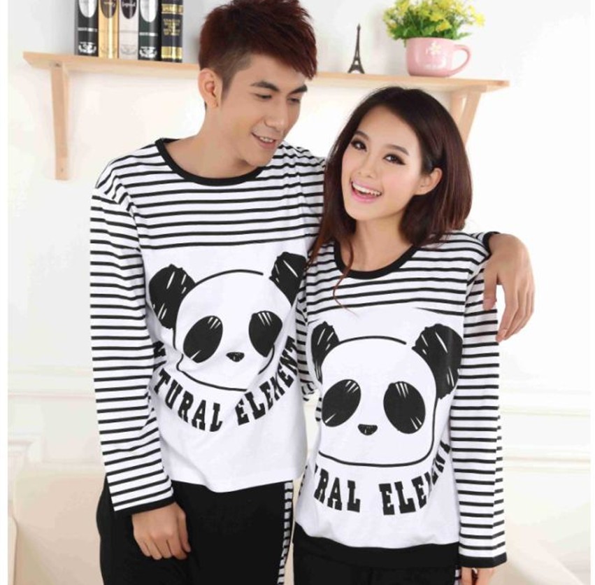 Plus size cartoon stripe WINNIE lovers sleepwear male female long-sleeve cotton set thickening lounge