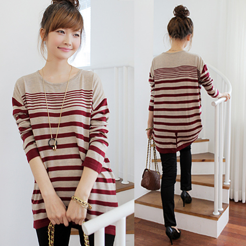 Plus size clothing autumn and winter sweater outerwear stripe o-neck loose sweater batwing shirt outerwear