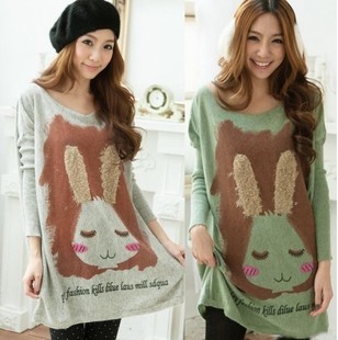 Plus size clothing wool sweater batwing sleeve large plush cartoon rabbit batwing shirt sweater outerwear