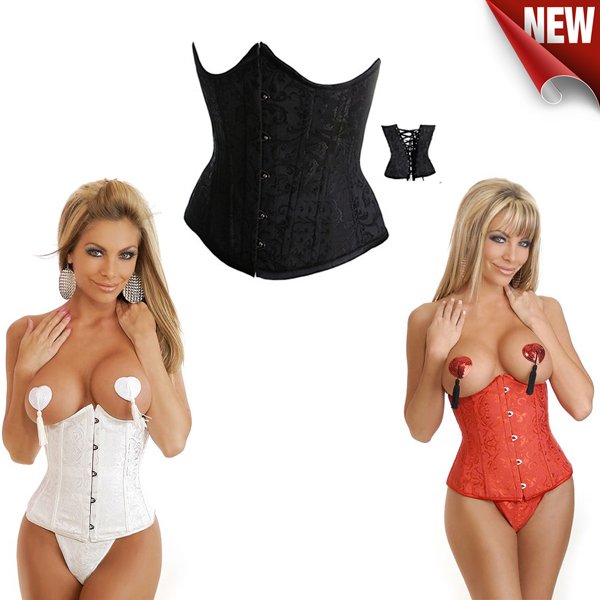 Plus Size Corsets 2012 New Womens Sexy Black/Red/White Brocade Curved Top Waist Corset Bustier & Thong Panty Set