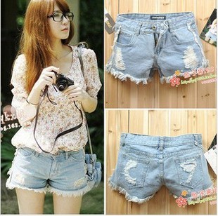 Plus size denim shorts spring and summer women's loose hole single-shorts tassel maomao edge shorts