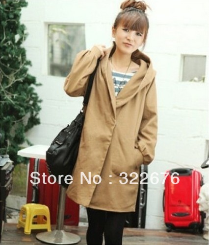 Plus Size Fashionable Women's Cute Big Pocket Pure Color Hooded Wind Coat Trench Khaki HD12042549-2