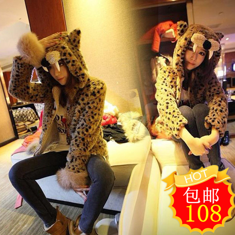 Plus size fur coat mm fur one piece faux leopard print plush fur coat female