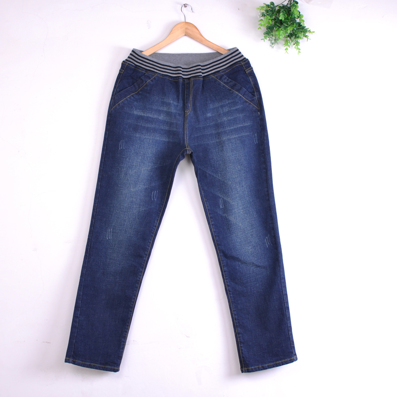 Plus size jeans mm plus velvet jeans female thickening elastic waist straight pants high waist loose 578