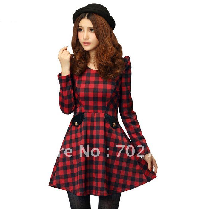 Plus Size Leather Patchwork Fashion Plaid Dress Women 2012 Free Shipping