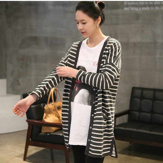 Plus size maternity clothing autumn horizontal stripe single breasted V-neck plus size maternity cardigan thin outerwear