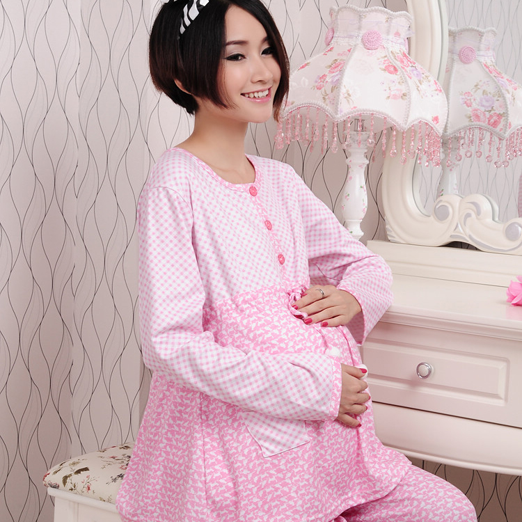 Plus size maternity clothing women's at home service sleepwear spring and autumn long-sleeve knitted cotton set lounge 2682