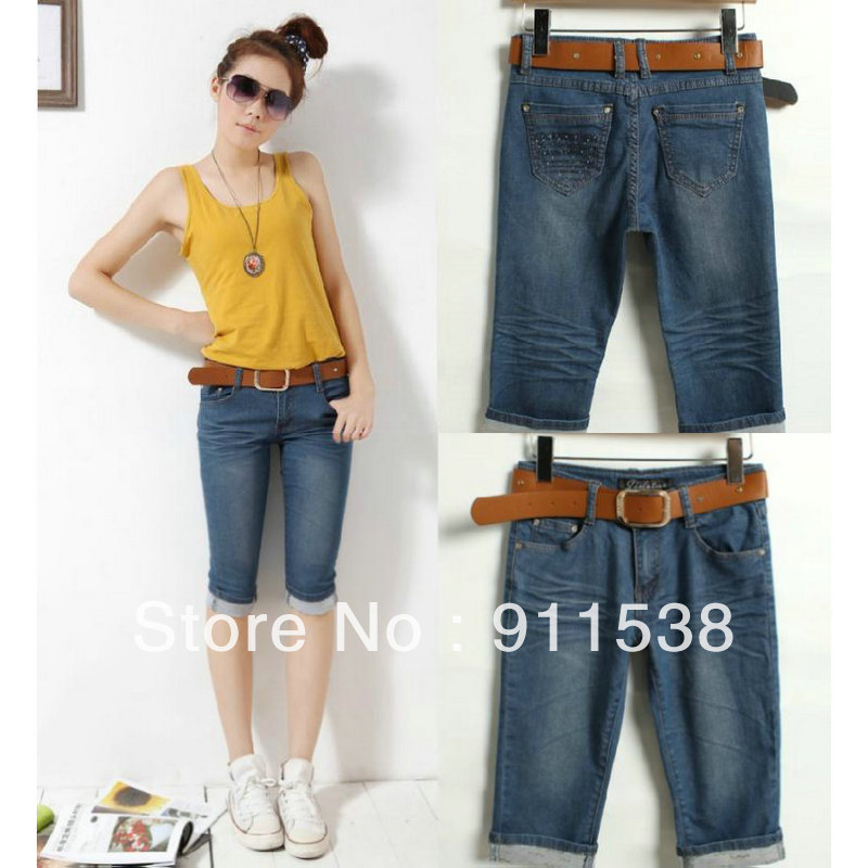 Plus size pants denim knee length trousers roll up hem elastic capris rhinestones skinny pants breeches female 8861